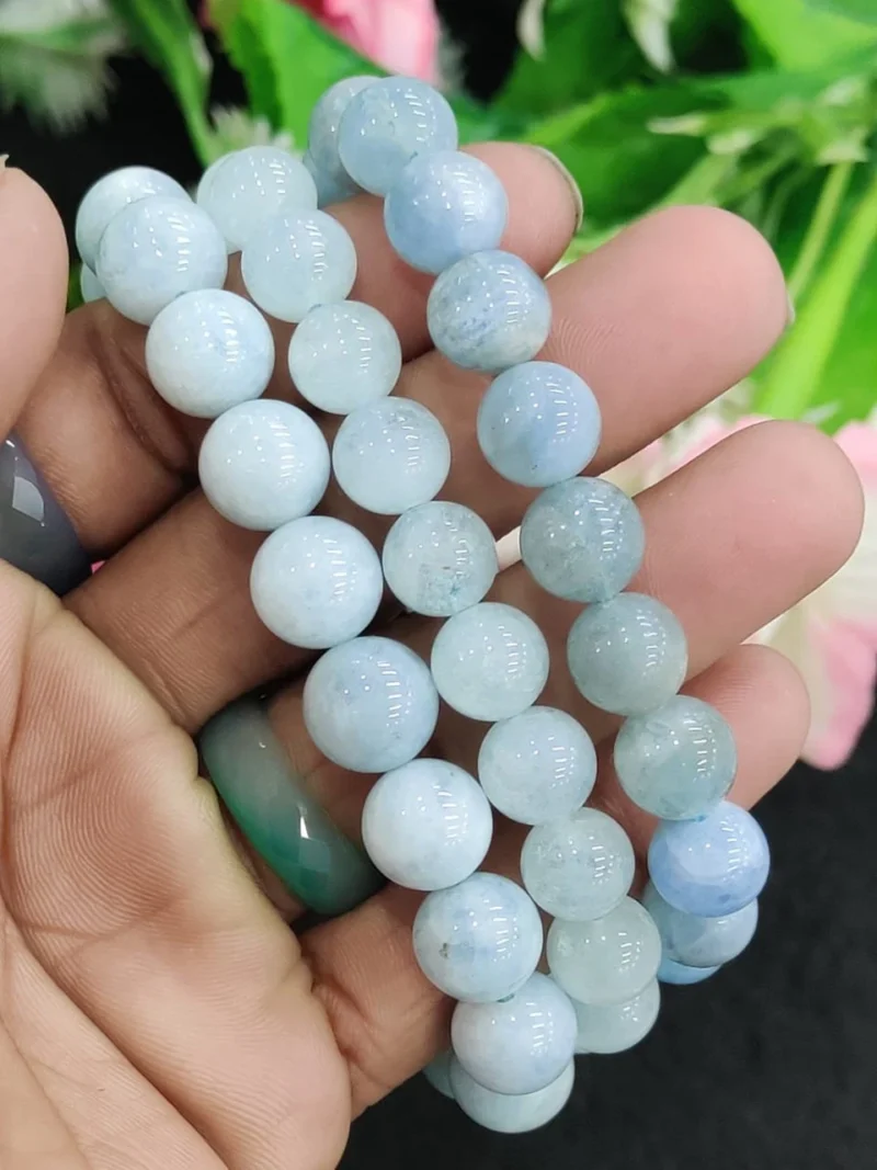 Aquamarine Stone Round Beaded Bracelet 8MM Bracelet For Anxiety & Stress Relief Stretch Bracelet - Image 3