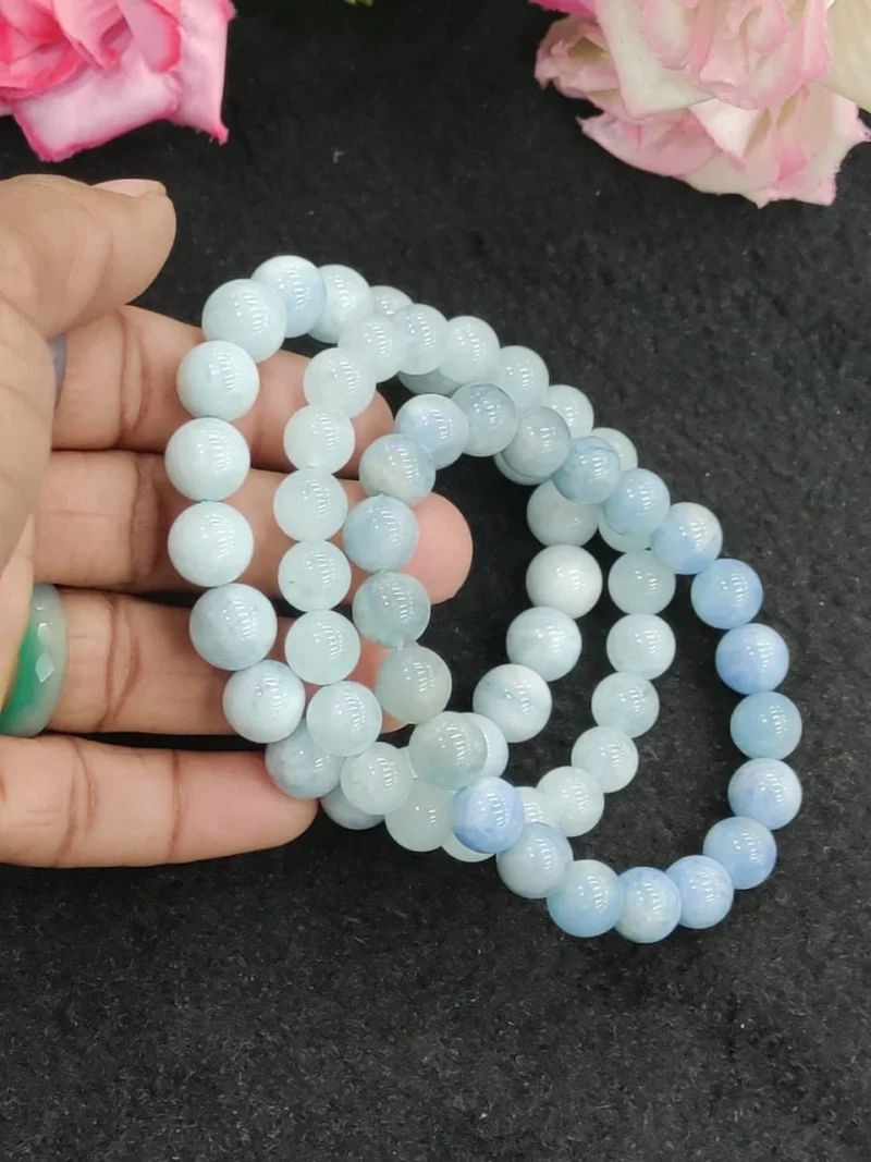 Aquamarine Stone Round Beaded Bracelet 8MM Bracelet For Anxiety & Stress Relief Stretch Bracelet - Image 5
