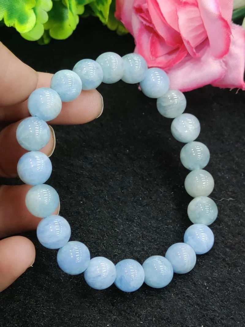 Aquamarine Stone Round Beaded Bracelet 8MM Bracelet For Anxiety & Stress Relief Stretch Bracelet - Image 6