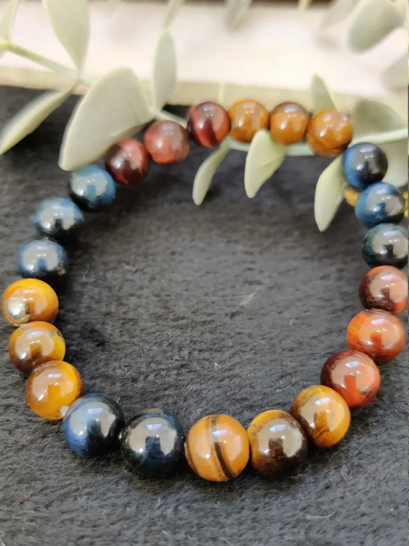 3 Tiger's Eye Red, Blue & Yellow Tiger's Eye Stone Round Beaded Bracelet 8 MM Stretch Bracelet - Image 3