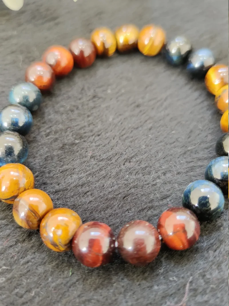 3 Tiger's Eye Red, Blue & Yellow Tiger's Eye Stone Round Beaded Bracelet 8 MM Stretch Bracelet - Image 4