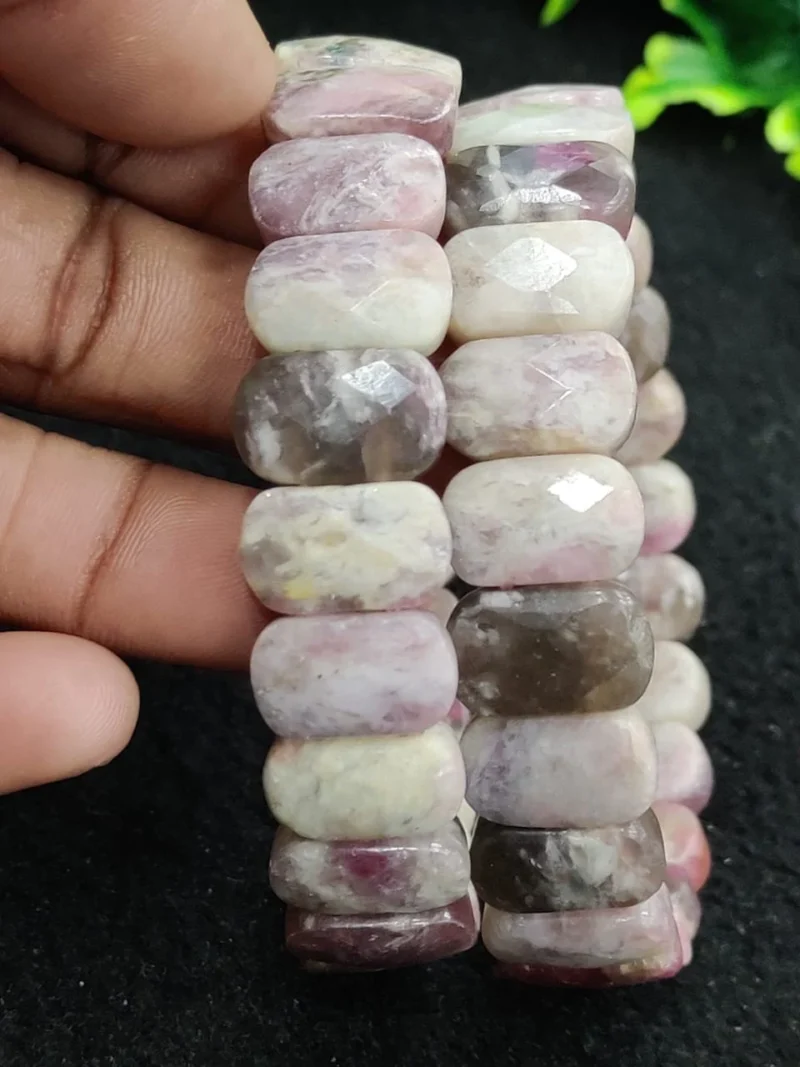 Lepidolite Stone Rectangle Beaded Bracelet 15 MM Stretch Bracelet - Image 8