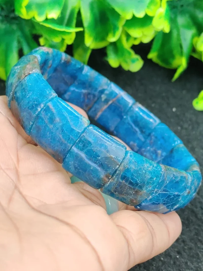 Neon Blue Apatite stone Rectangle  Beaded Bracelet 15 MM Stretch Bracelet - Image 6