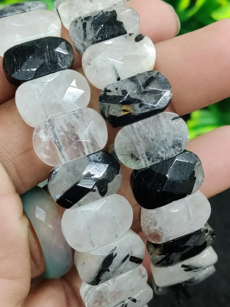 Tourmalinated Quartz Stone Rectangle Beaded Bracelet 15 MM Stretch Bracelet - Image 8