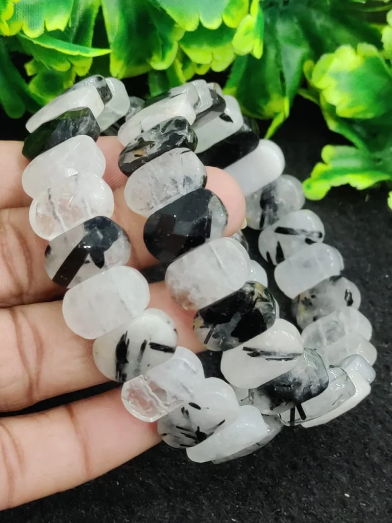Tourmalinated Quartz Stone Rectangle Beaded Bracelet 15 MM Stretch Bracelet