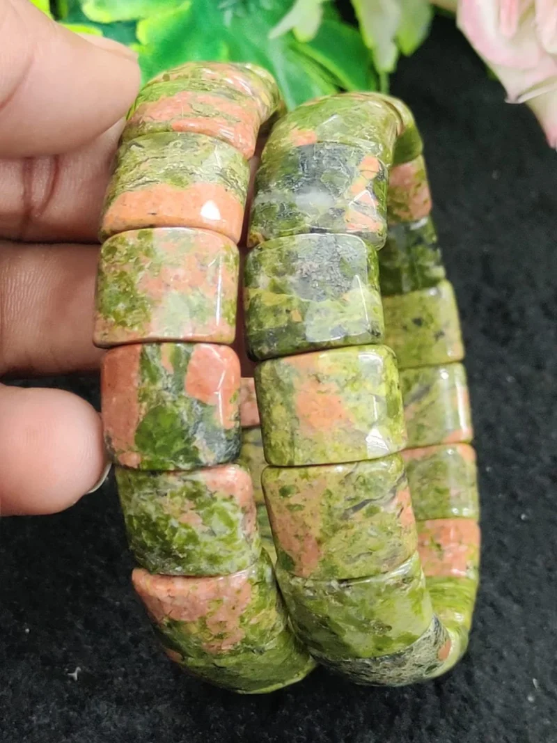 Unakite Jasper Stone Rectangle Beaded Bracelet 15 MM Stretch Bracelet - Image 10