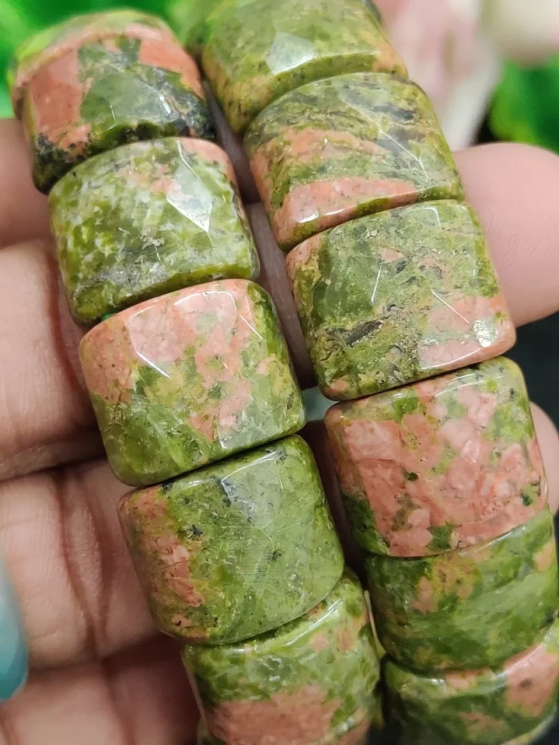 Unakite Jasper Stone Rectangle Beaded Bracelet 15 MM Stretch Bracelet - Image 11