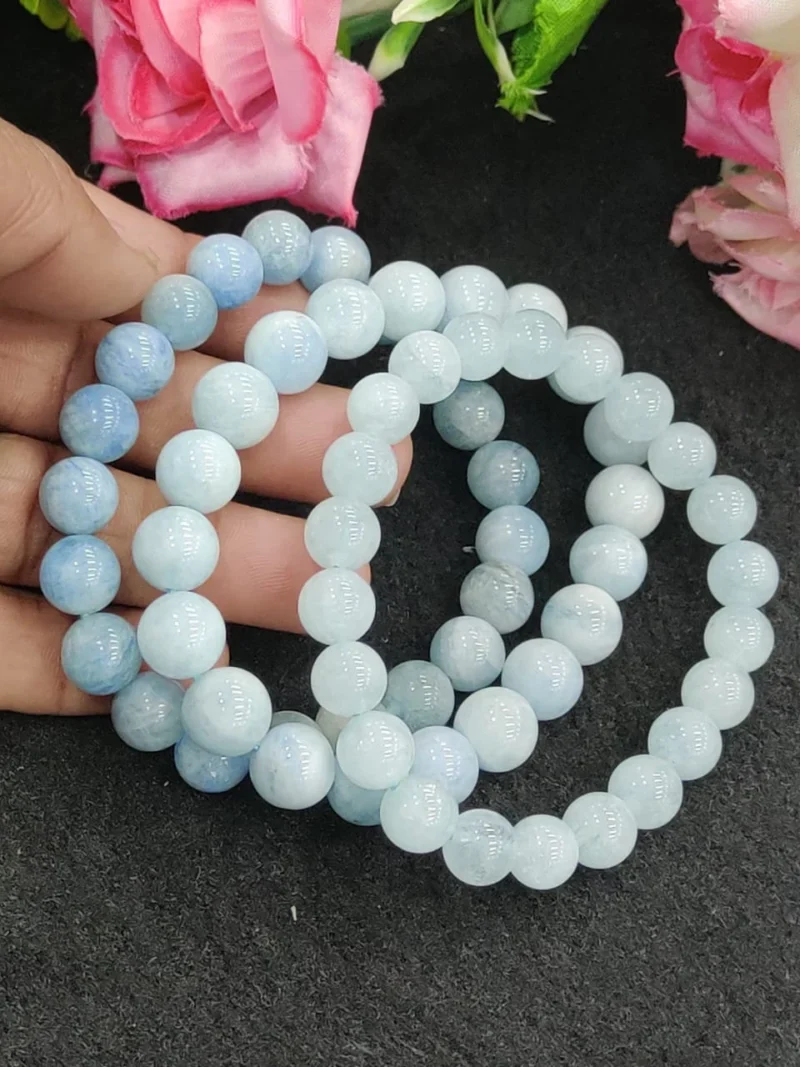 Aquamarine Stone Round Beaded Bracelet 8MM Bracelet For Anxiety & Stress Relief Stretch Bracelet - Image 8