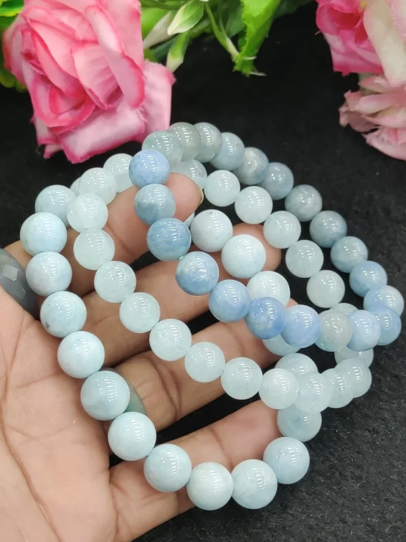 Aquamarine Stone Round Beaded Bracelet 8MM Bracelet For Anxiety & Stress Relief Stretch Bracelet - Image 10