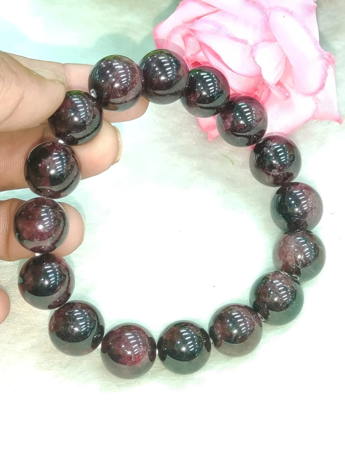 Garnet Stone Bracelet Round Beaded Bracelet 12 MM Stretch Bracelet - Image 6