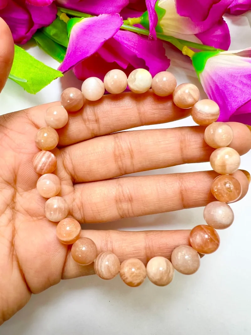 Peach MoonStone Round Beaded Bracelet 8 MM Stretch Bracelet - Image 3