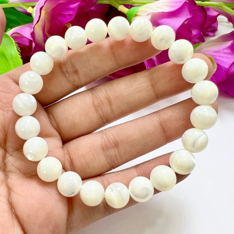 Mother Of Pearl MOP Stone Round Beaded Bracelet 6 mm 8 mm 10 mm Stretch Bracelet