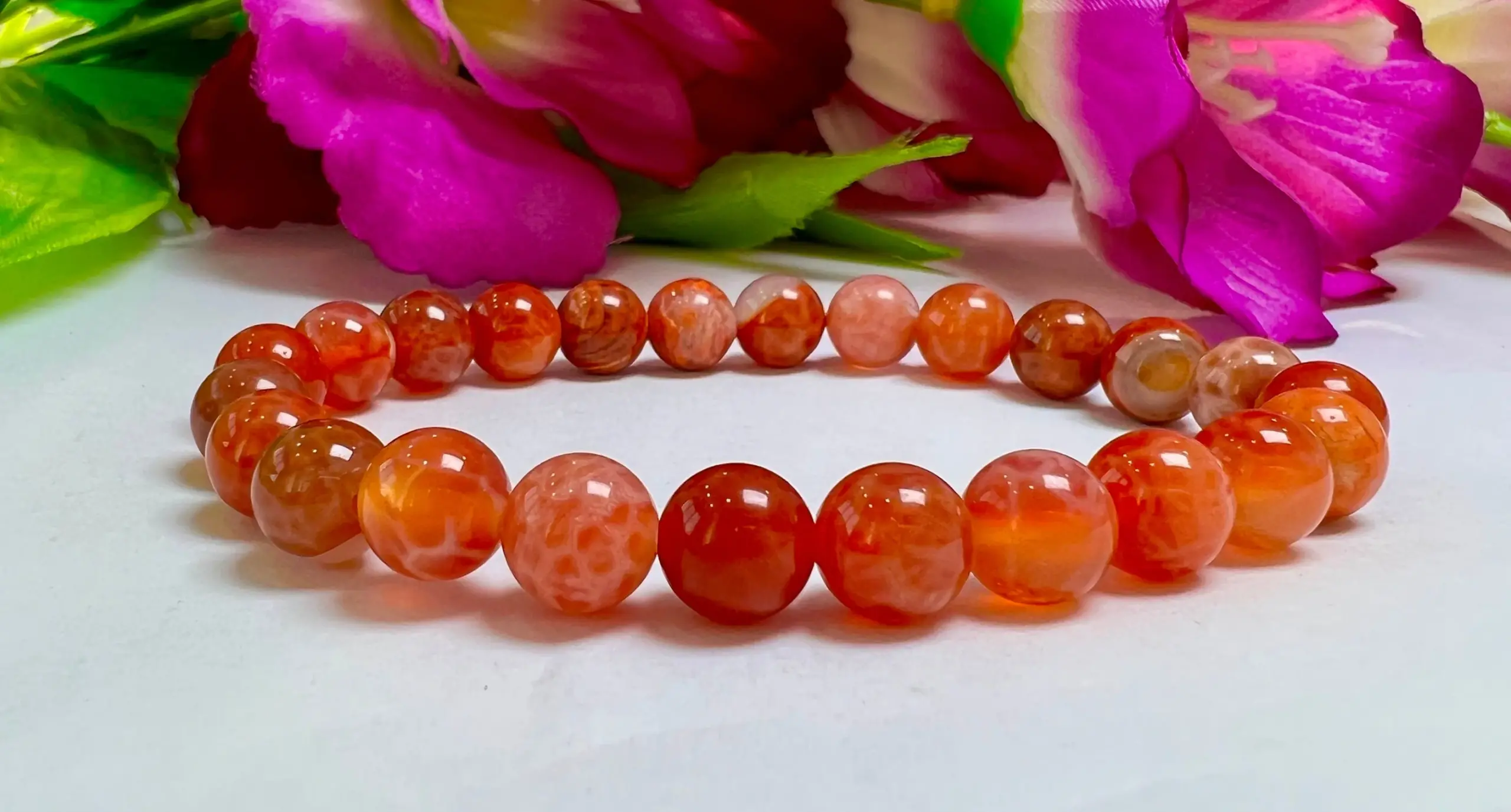 Fire Agate Stone Round Beaded Bracelet 8 MM Stretch Bracelet