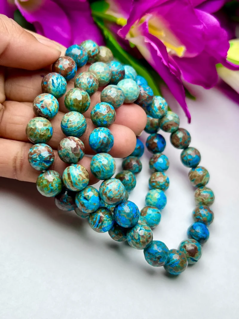 10 MM Chrysocolla Stone Faceted Round  Cutting Round Beaded Bracelet Grade AAAAA+++++ Quality Stretch Bracelet - Image 2