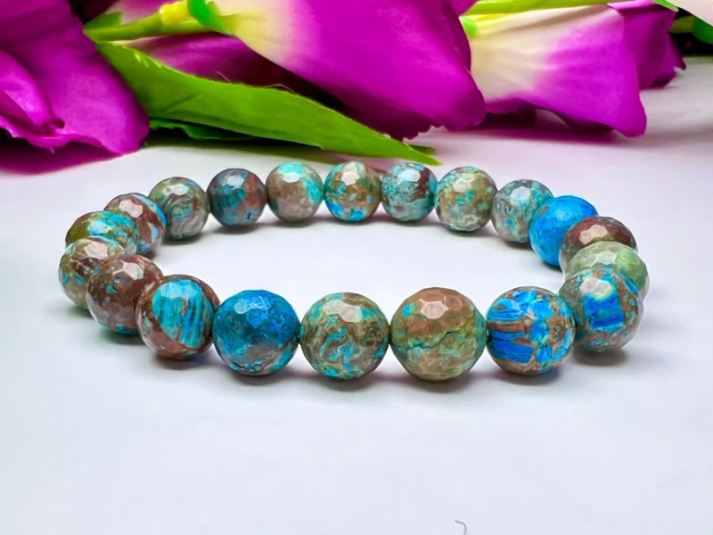 10 MM Chrysocolla Stone Faceted Round  Cutting Round Beaded Bracelet Grade AAAAA+++++ Quality Stretch Bracelet - Image 3
