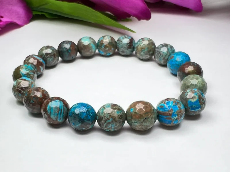 10 MM Chrysocolla Stone Faceted Round  Cutting Round Beaded Bracelet Grade AAAAA+++++ Quality Stretch Bracelet - Image 4