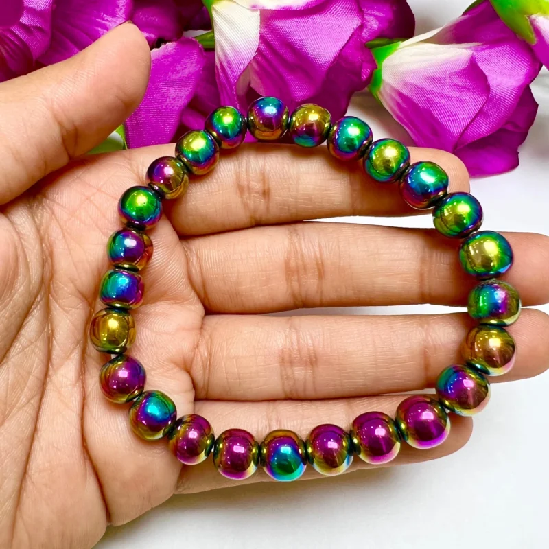 Rainbow Titanium Aura Quartz Crystal Stone Round Beaded Bracelet 6 MM 8 MM 10 MM Stretch Bracelet - Image 3