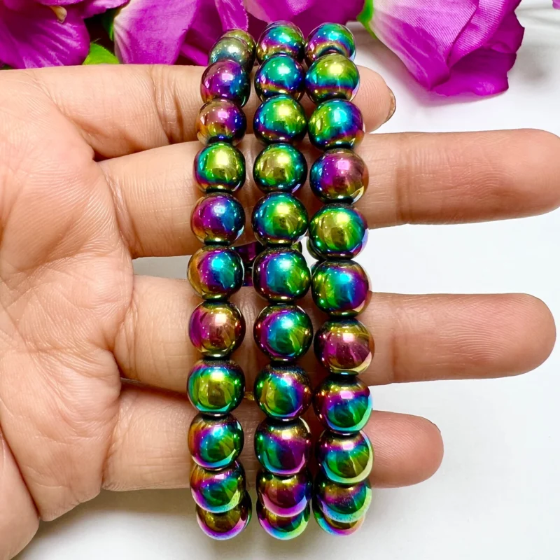 Rainbow Titanium Aura Quartz Crystal Stone Round Beaded Bracelet 6 MM 8 MM 10 MM Stretch Bracelet - Image 4