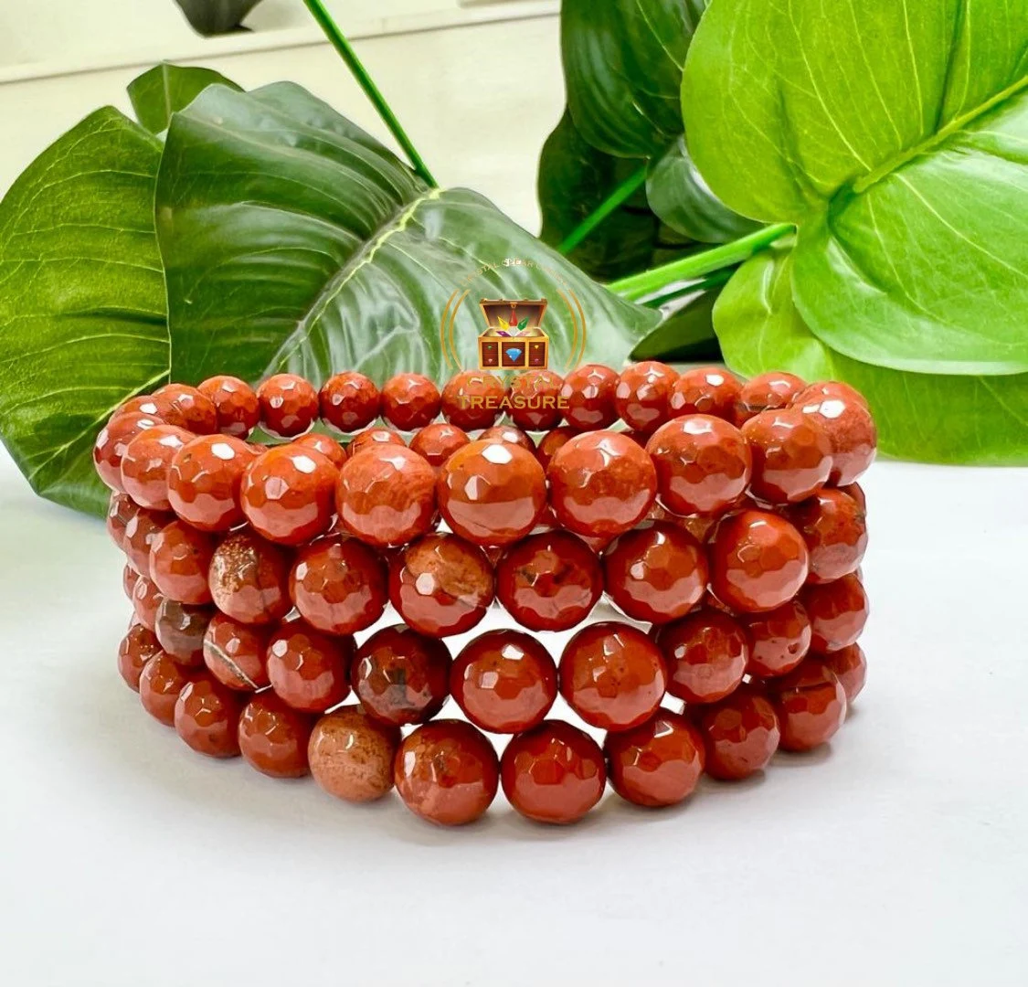 8 MM Red Jasper Faceted Cutting Round Beaded Bracelet Grade AAAAA+++++ Quality Stretch Bracelet