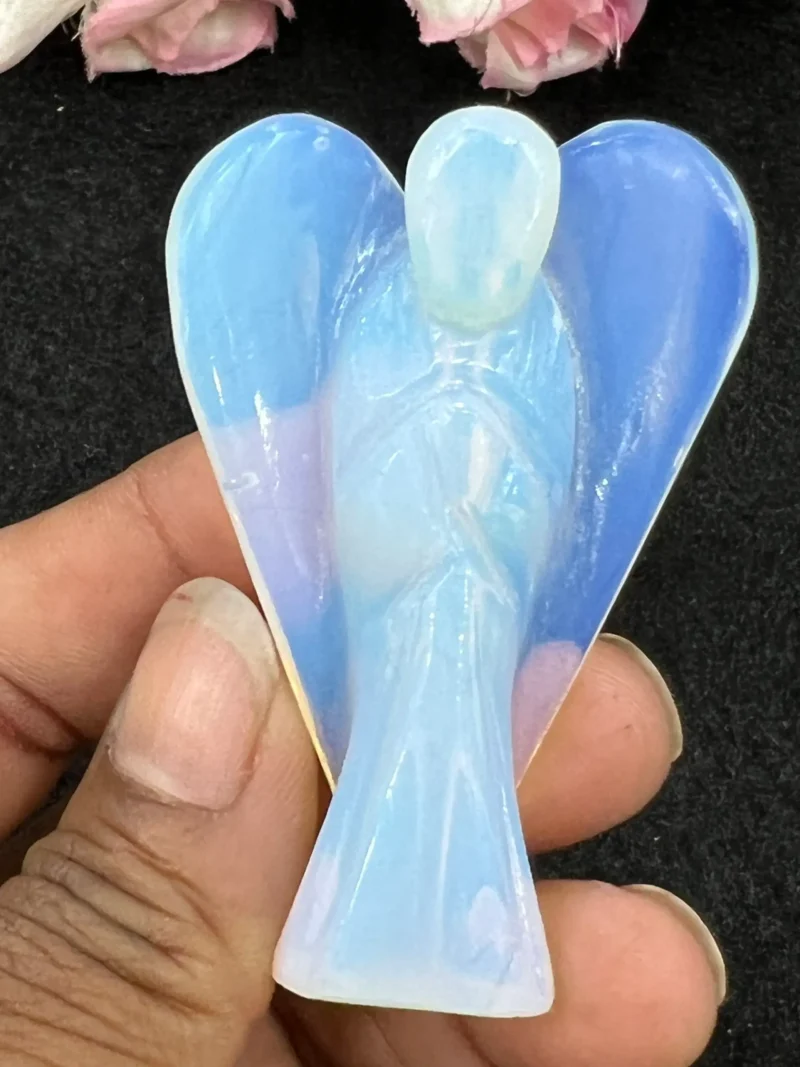 Rainbow Opelite Stone 2 inch free standing guardian angel crystal Reiki energy blessed handcarved Pocket Angel Angelic connection