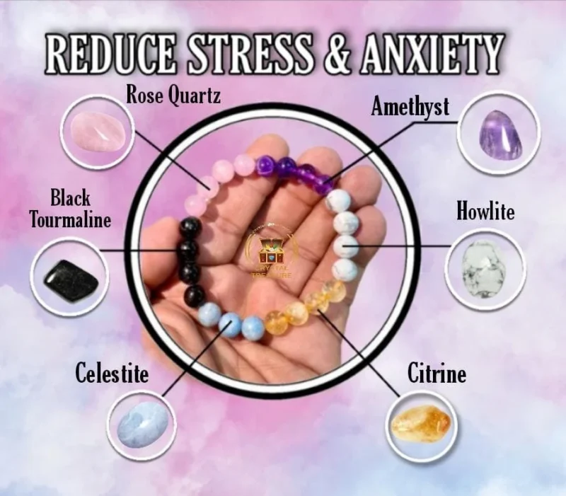 Reduce Stress And Anxiety Stone Bracelet 8 MM- Celestite-Amethyst-Howlite-Rose Quartz-Black Tourmaline - Citrine Stretch Bracelet