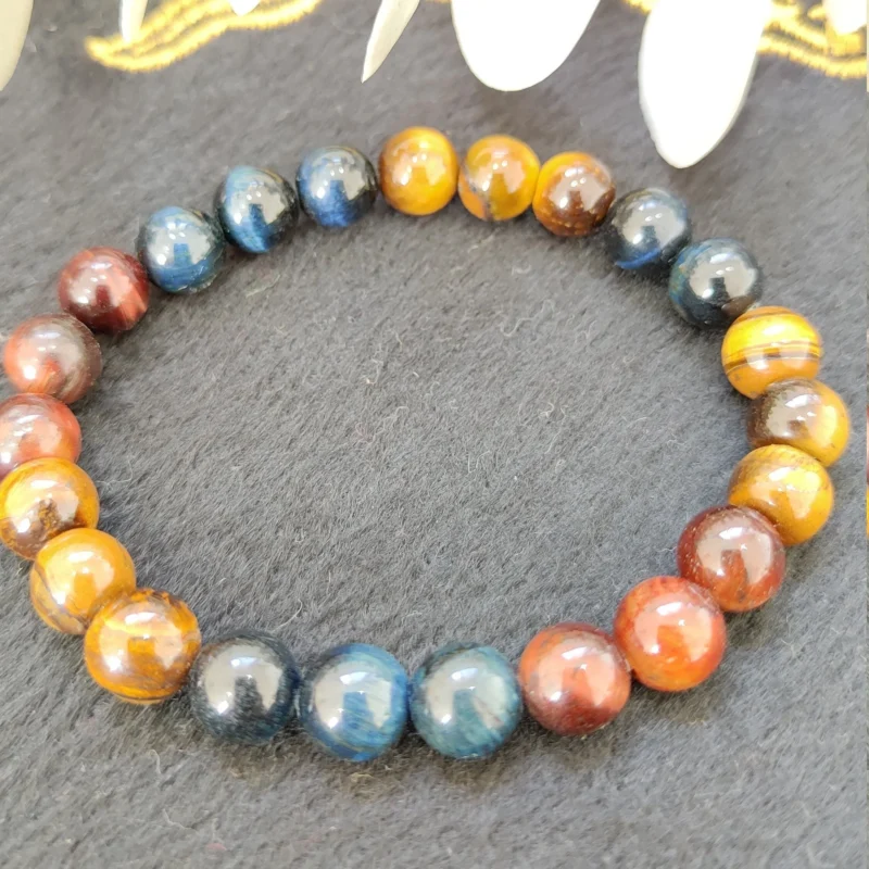 3 Tiger's Eye Red, Blue & Yellow Tiger's Eye Stone Round Beaded Bracelet 8 MM Stretch Bracelet - Image 6