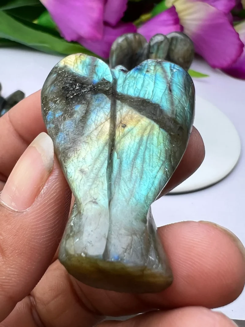 Rainbow Labradorite Stone 2 inch free standing guardian angel crystal Reiki energy blessed handcarved Pocket Angel Angelic connection - Image 2