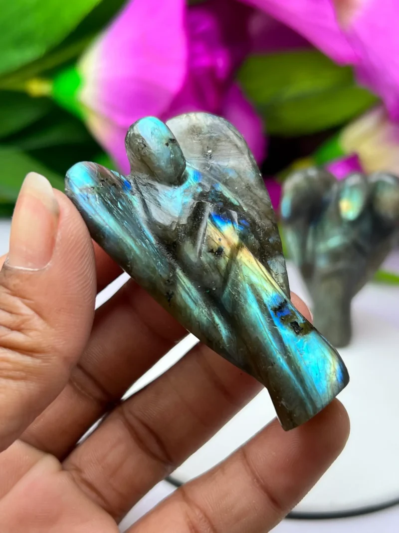 Rainbow Labradorite Stone 2 inch free standing guardian angel crystal Reiki energy blessed handcarved Pocket Angel Angelic connection - Image 4