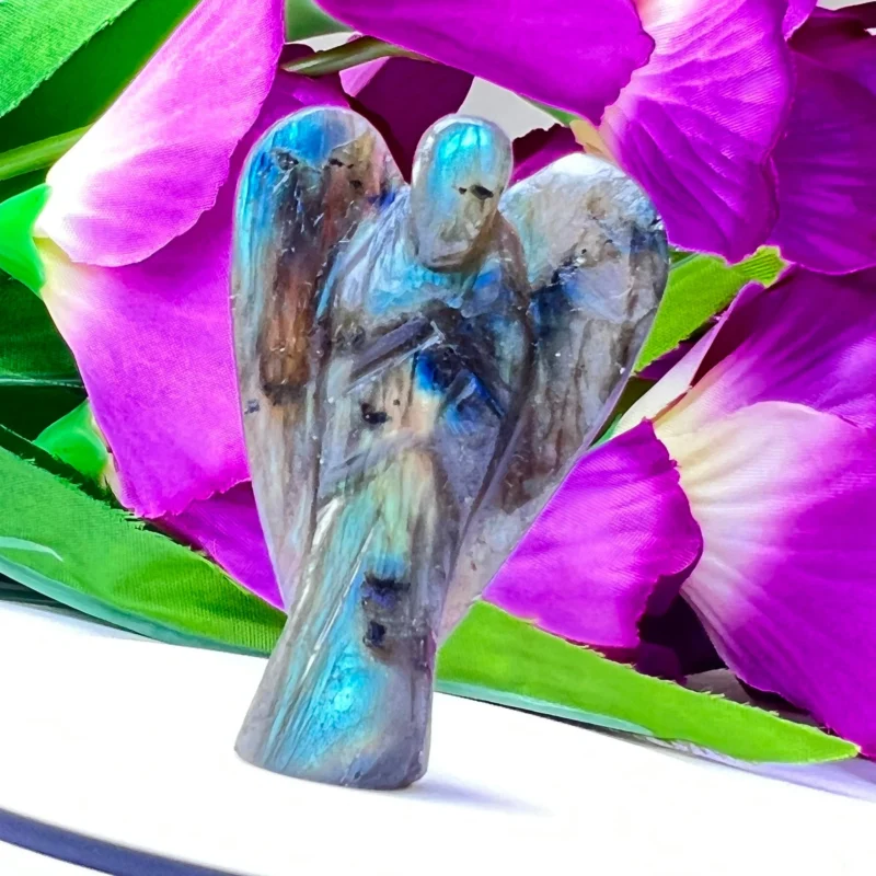 Rainbow Labradorite Stone 2 inch free standing guardian angel crystal Reiki energy blessed handcarved Pocket Angel Angelic connection - Image 5