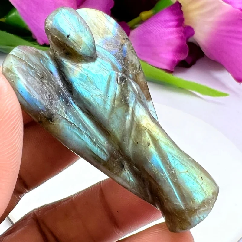 Rainbow Labradorite Stone 2 inch free standing guardian angel crystal Reiki energy blessed handcarved Pocket Angel Angelic connection - Image 6