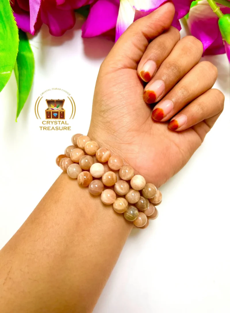 Peach MoonStone Round Beaded Bracelet 8 MM Stretch Bracelet - Image 4