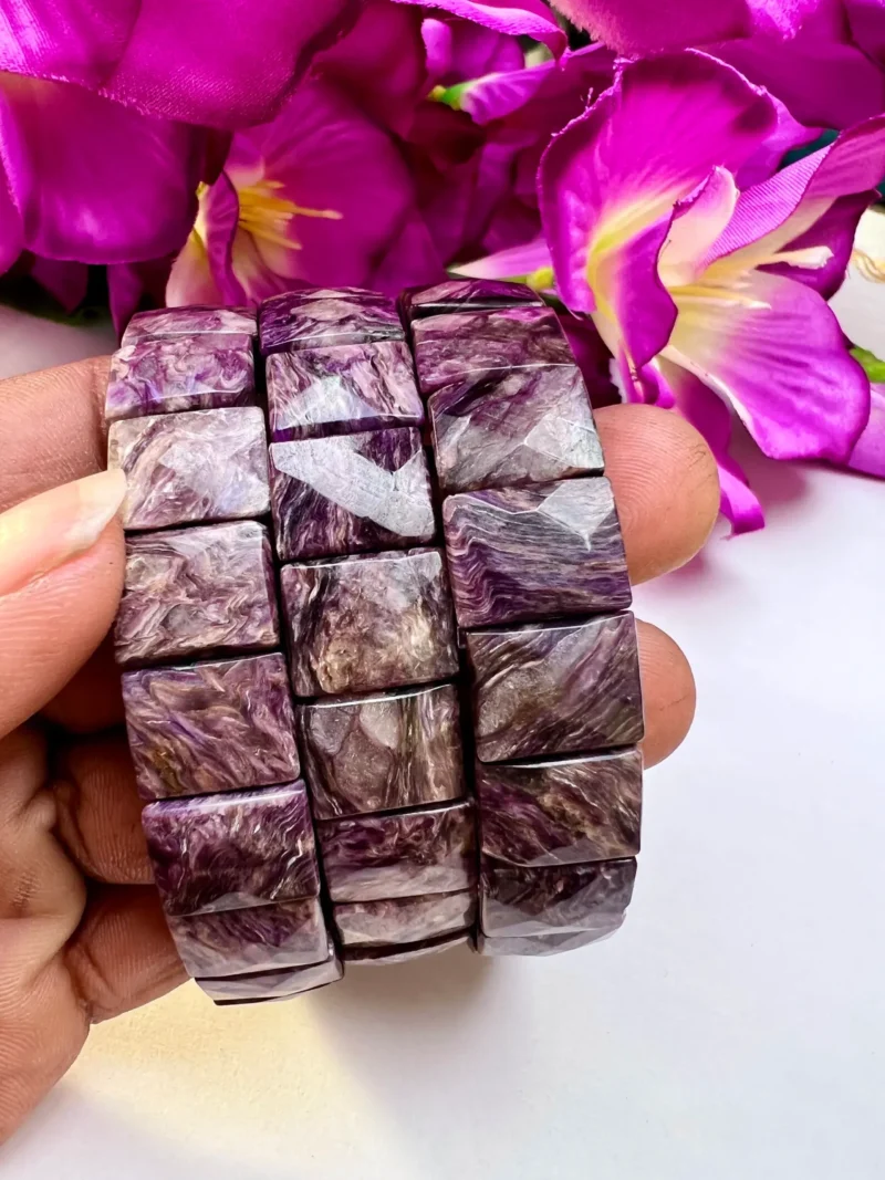 Charoite Stone Rectangle Beaded Bracelet 15 MM Stretch Bracelet - Image 3