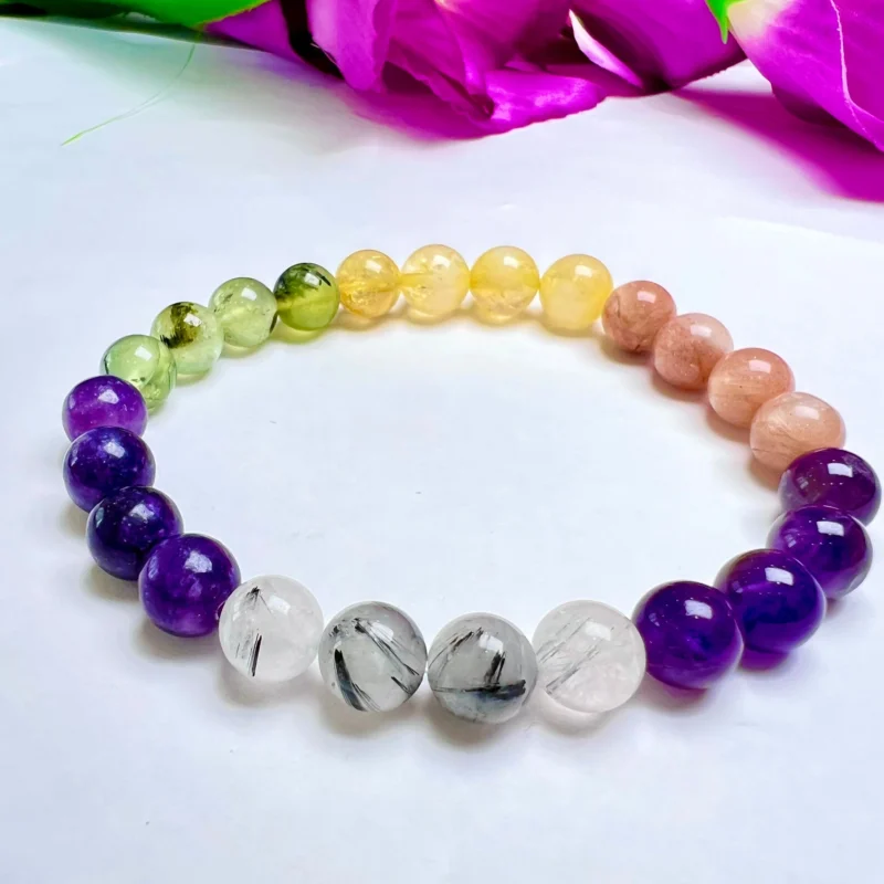 LIBRA Zodiac Sign Crystal Stone Bracelet 8 mm Amethyst , Citrine , Tourmalinated Quartz , Prehnite , Lepidolite , Moonstone - Image 2