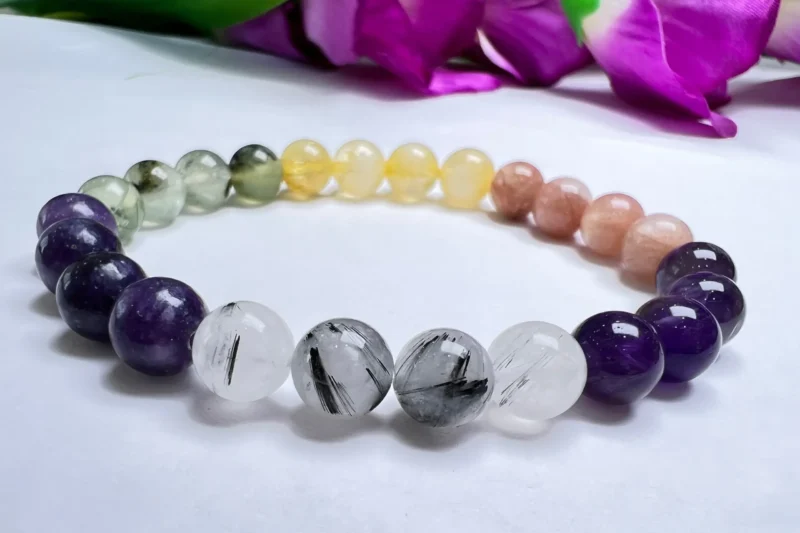 LIBRA Zodiac Sign Crystal Stone Bracelet 8 mm Amethyst , Citrine , Tourmalinated Quartz , Prehnite , Lepidolite , Moonstone - Image 3