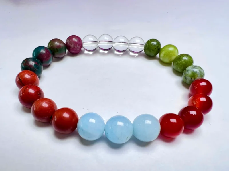 ARIES Zodiac Sign Crystal Stone Bracelet 8 mm Bloodstone , Aquamarine , Helerite , Carnelian , Red Jasper , Himalaya Crystal Quartz - Image 2