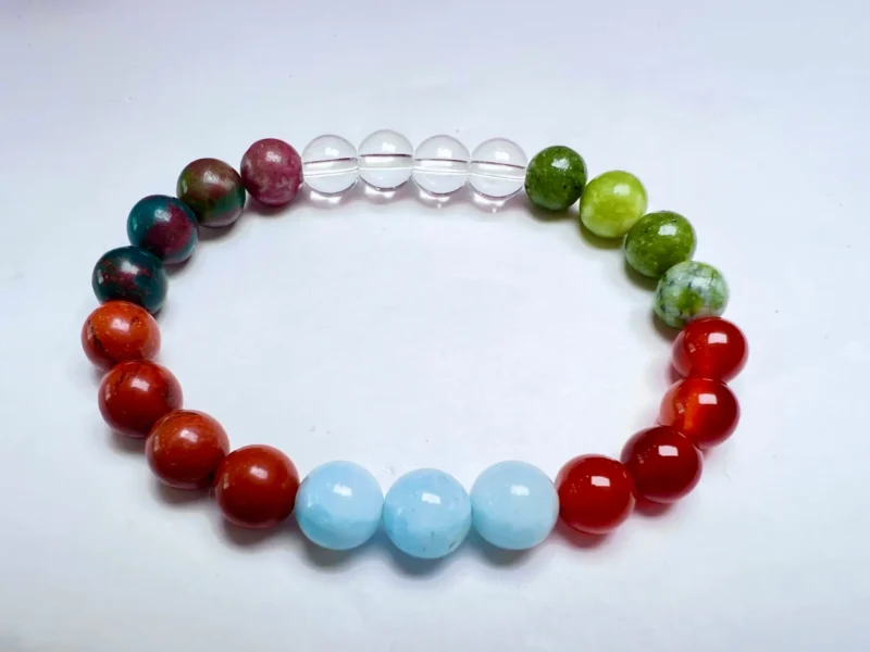 ARIES Zodiac Sign Crystal Stone Bracelet 8 mm Bloodstone , Aquamarine , Helerite , Carnelian , Red Jasper , Himalaya Crystal Quartz - Image 3