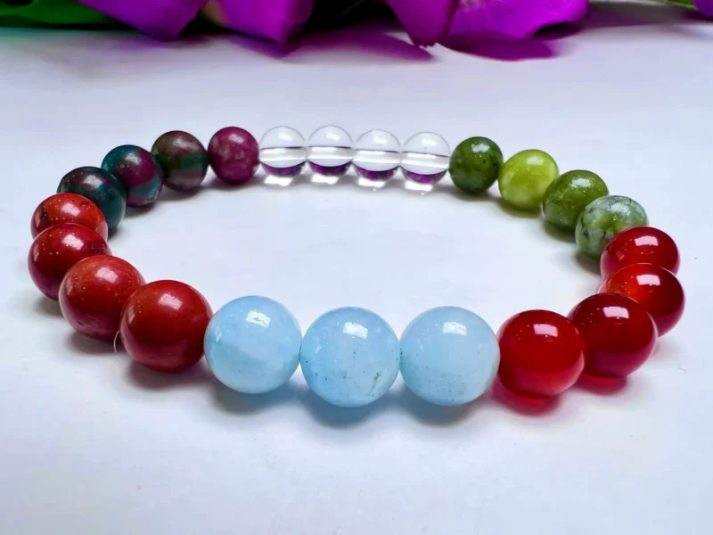 ARIES Zodiac Sign Crystal Stone Bracelet 8 mm Bloodstone , Aquamarine , Helerite , Carnelian , Red Jasper , Himalaya Crystal Quartz - Image 4