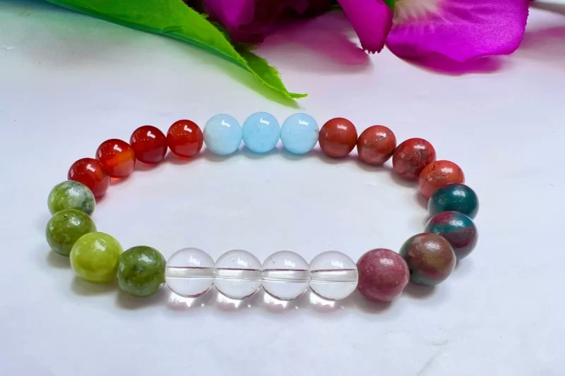 ARIES Zodiac Sign Crystal Stone Bracelet 8 mm Bloodstone , Aquamarine , Helerite , Carnelian , Red Jasper , Himalaya Crystal Quartz - Image 5