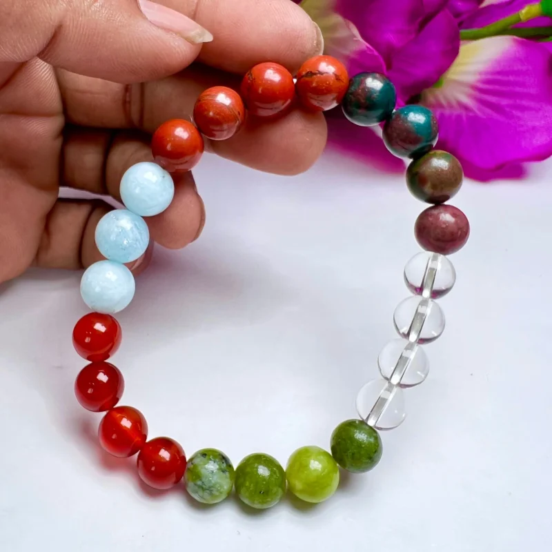 ARIES Zodiac Sign Crystal Stone Bracelet 8 mm Bloodstone , Aquamarine , Helerite , Carnelian , Red Jasper , Himalaya Crystal Quartz - Image 6