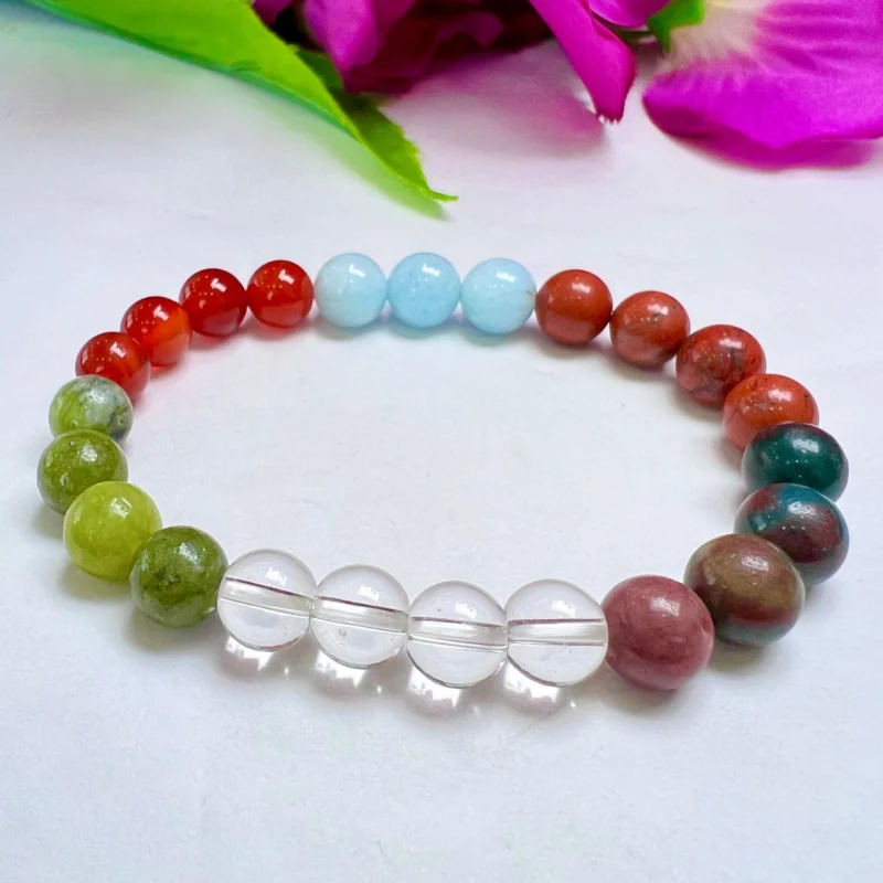 ARIES Zodiac Sign Crystal Stone Bracelet 8 mm Bloodstone , Aquamarine , Helerite , Carnelian , Red Jasper , Himalaya Crystal Quartz - Image 7