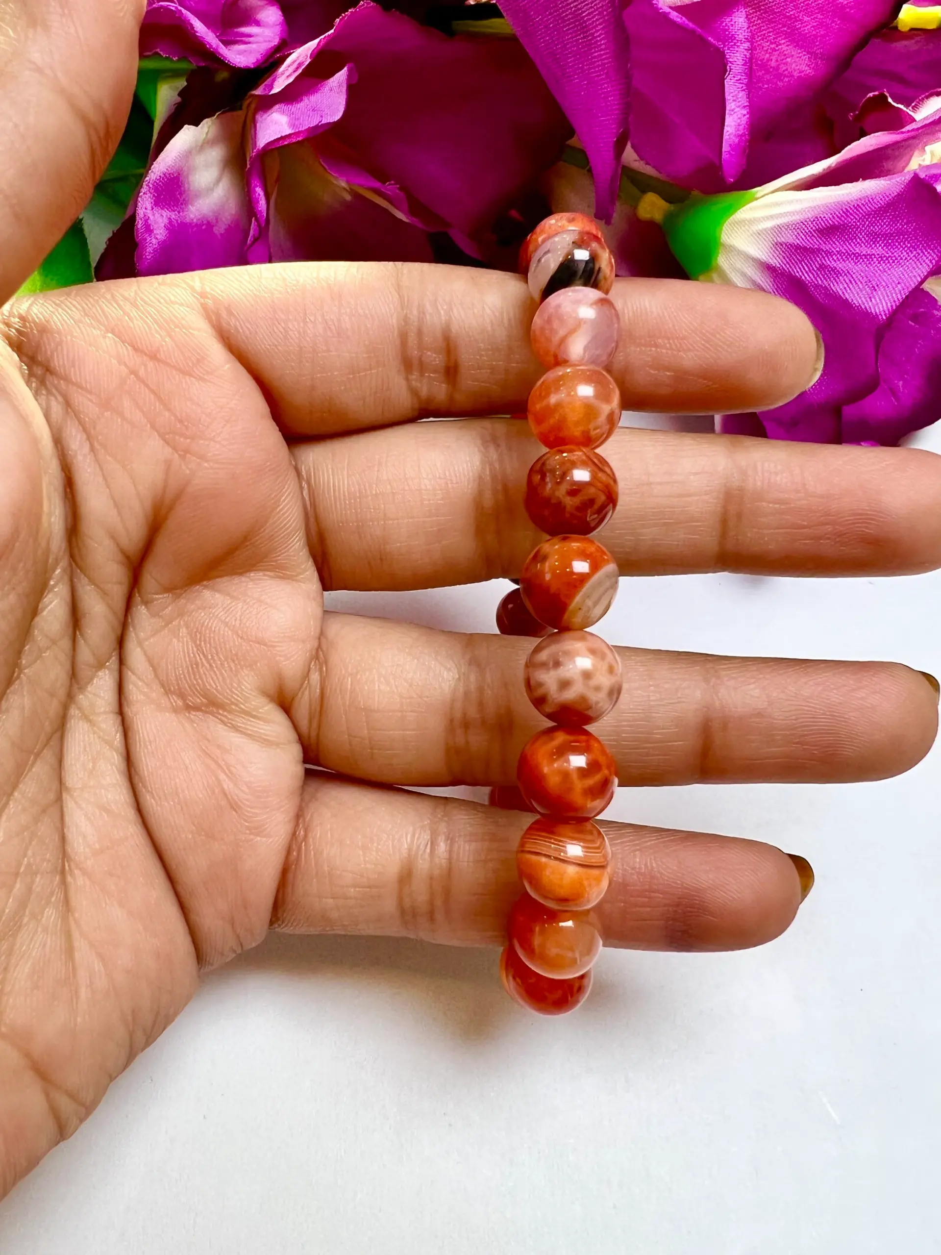 Fire Agate Stone Round Beaded Bracelet 8 MM Stretch Bracelet - Image 3