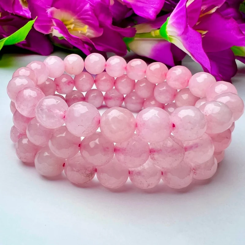 10 MM Rose Quartz Stone Faceted Round  Cutting Round Beaded Bracelet Grade AAAAA+++++ Quality Stretch Bracelet
