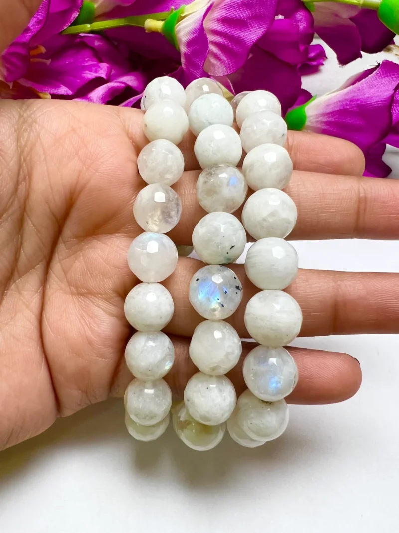 10 MM White Rainbow MoonStone Faceted Round  Cutting Round Beaded Bracelet Grade AAAAA+++++ Quality Stretch Bracelet - Image 3