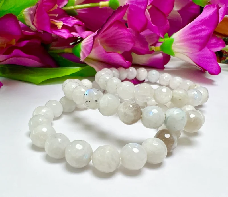 10 MM White Rainbow MoonStone Faceted Round  Cutting Round Beaded Bracelet Grade AAAAA+++++ Quality Stretch Bracelet - Image 5