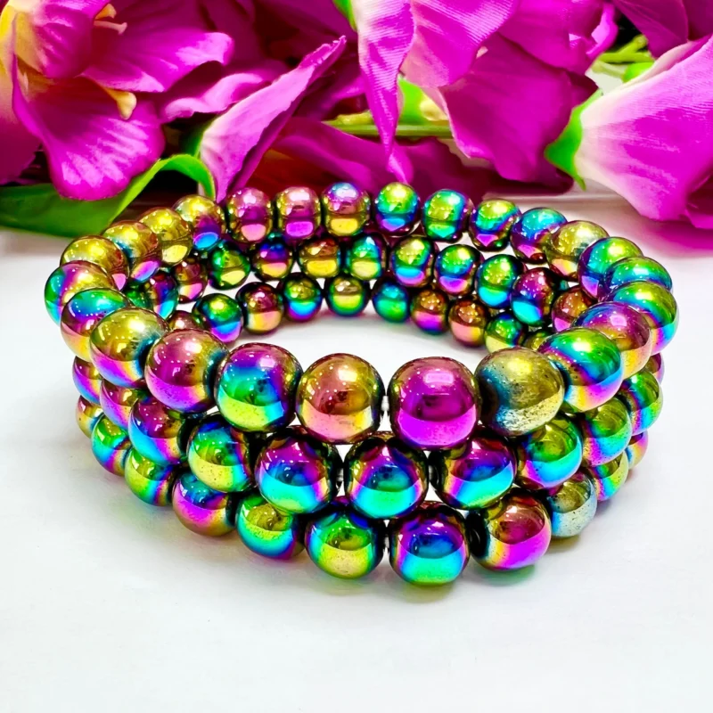 Rainbow Titanium Aura Quartz Crystal Stone Round Beaded Bracelet 6 MM 8 MM 10 MM Stretch Bracelet - Image 6