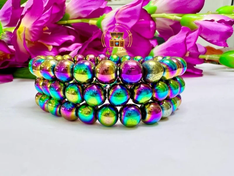 Rainbow Titanium Aura Quartz Crystal Stone Round Beaded Bracelet 6 MM 8 MM 10 MM Stretch Bracelet