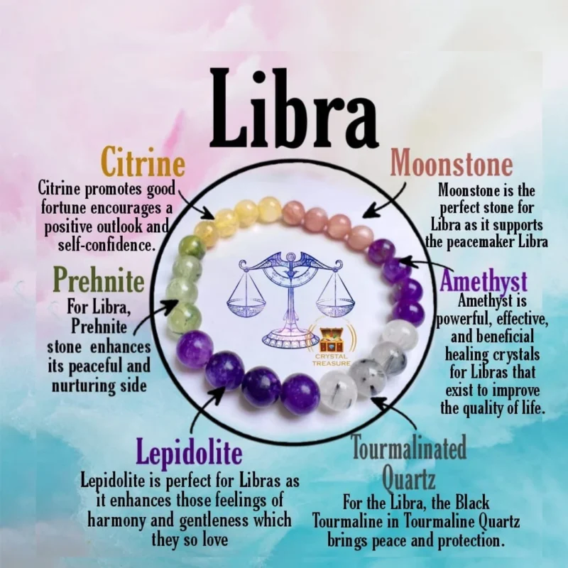 LIBRA Zodiac Sign Crystal Stone Bracelet 8 mm Amethyst , Citrine , Tourmalinated Quartz , Prehnite , Lepidolite , Moonstone