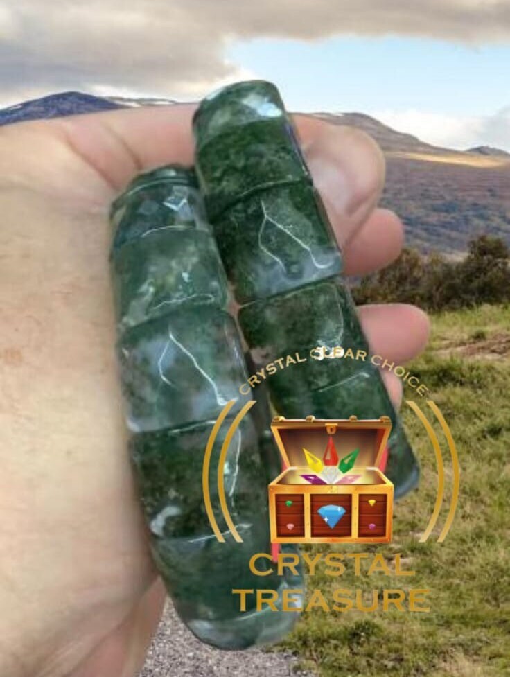 Moss Agate Stone rectangle Beaded Bracelet 15 MM Stretch Bracelet - Image 3