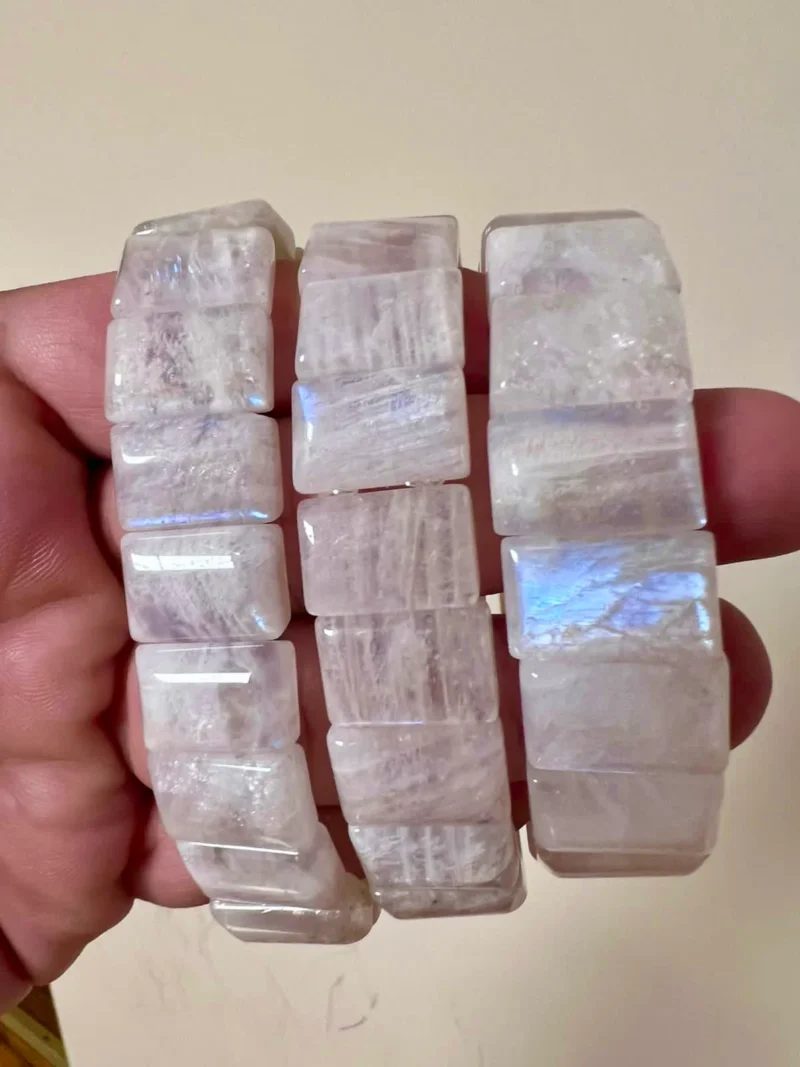 White Rainbow MoonStone Rectangle Beaded Bracelet 15 MM Stretch Bracelet