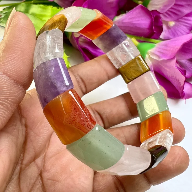 Multi Stone All Chakras Rectangle Beaded Bracelet 15 MM Stretch Bracelet - Image 3